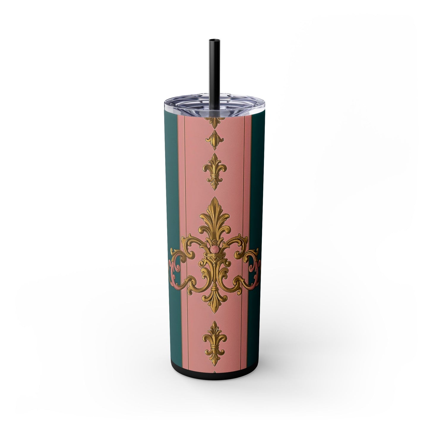 Elegant Pink and Green Skinny Tumbler with Straw, 20oz - Ideal for Gifts, Travel, Home, Events - Pink & Teal Striped Gold Baroque