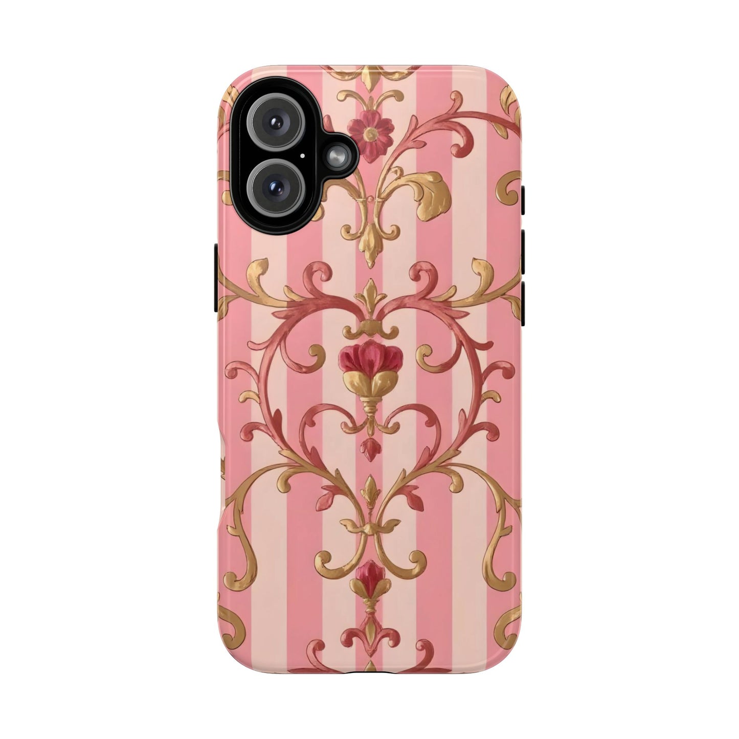 Elegant Floral Motif Phone Case - Tough Cases with Vintage Design - Pink Striped Rose Gold Damask