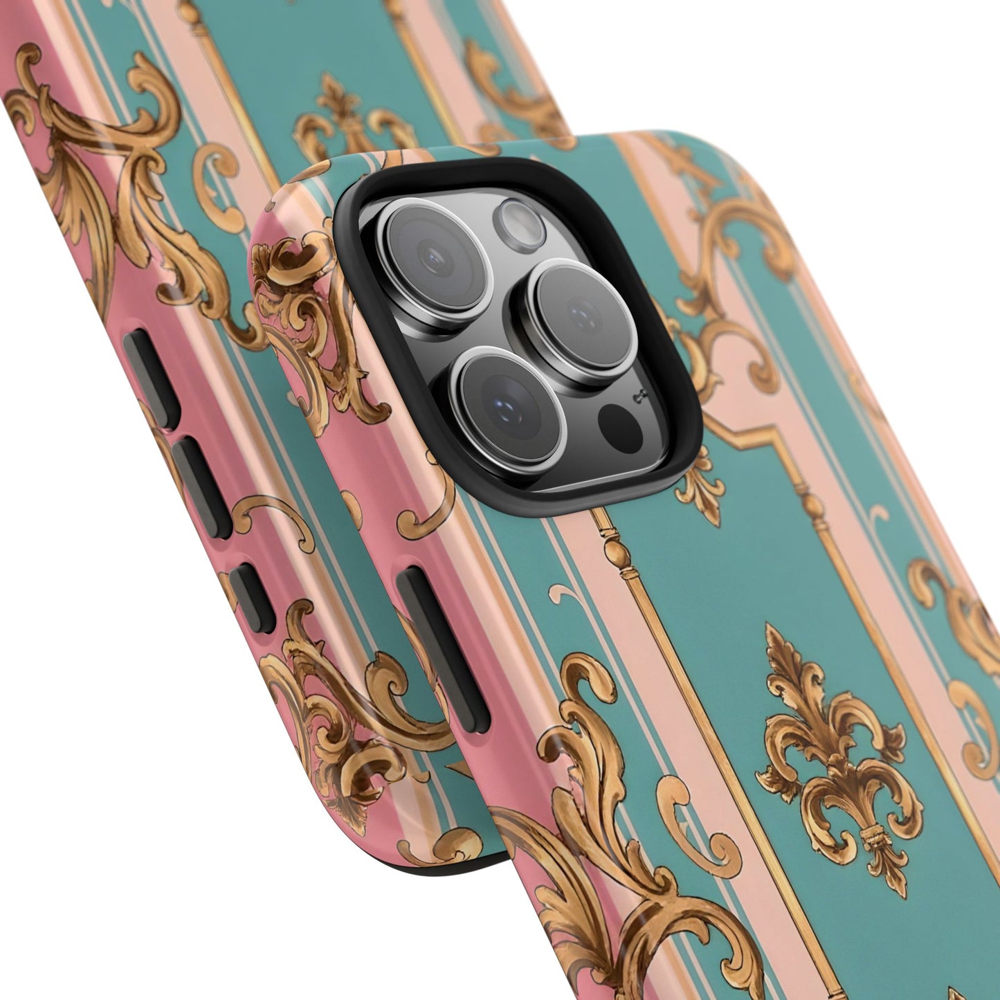 Elegant Floral Tough Phone Case, Artistic Phone Cover, Gift for Her, Chic Phone Accessory - Pink & Matte Turquoise Striped Rococo