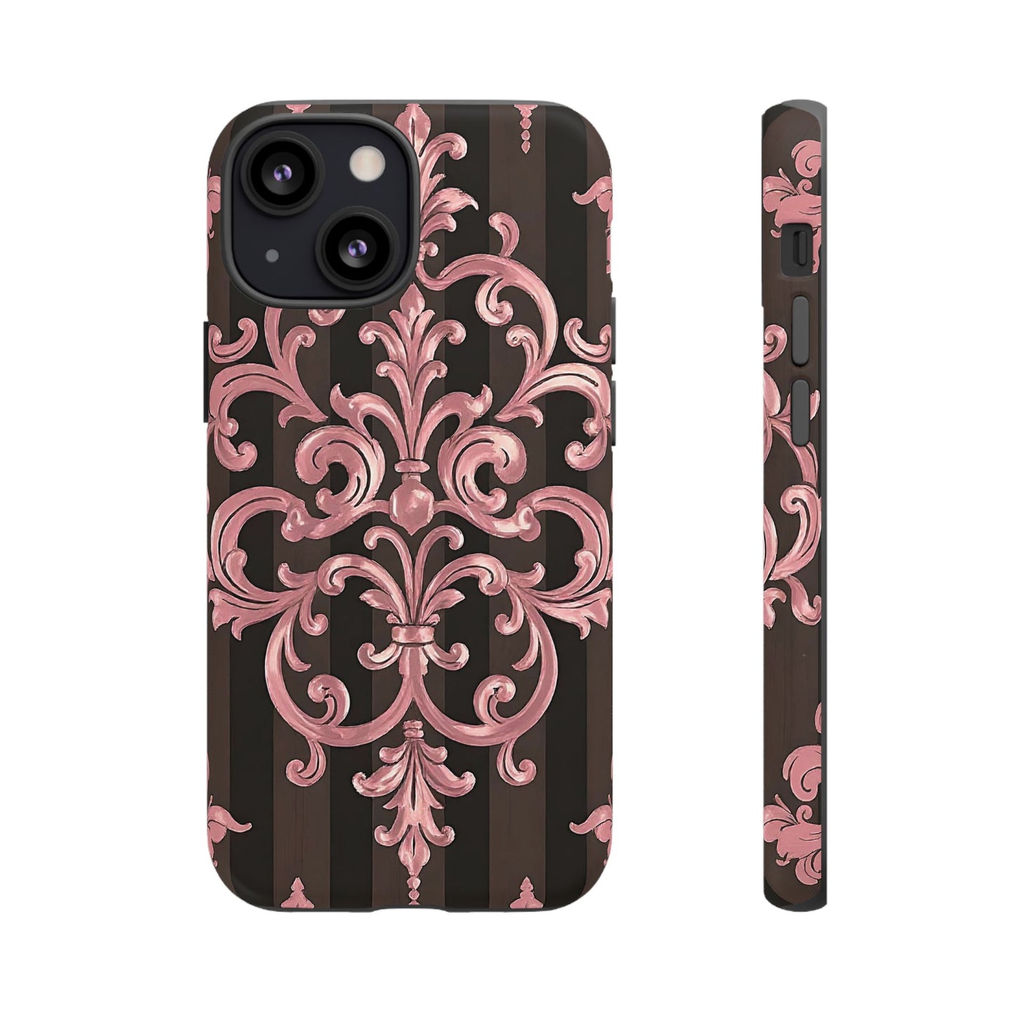 Elegant Floral Motif Phone Case - Tough Cases with Vintage Design - Brown Striped Mauve Damask