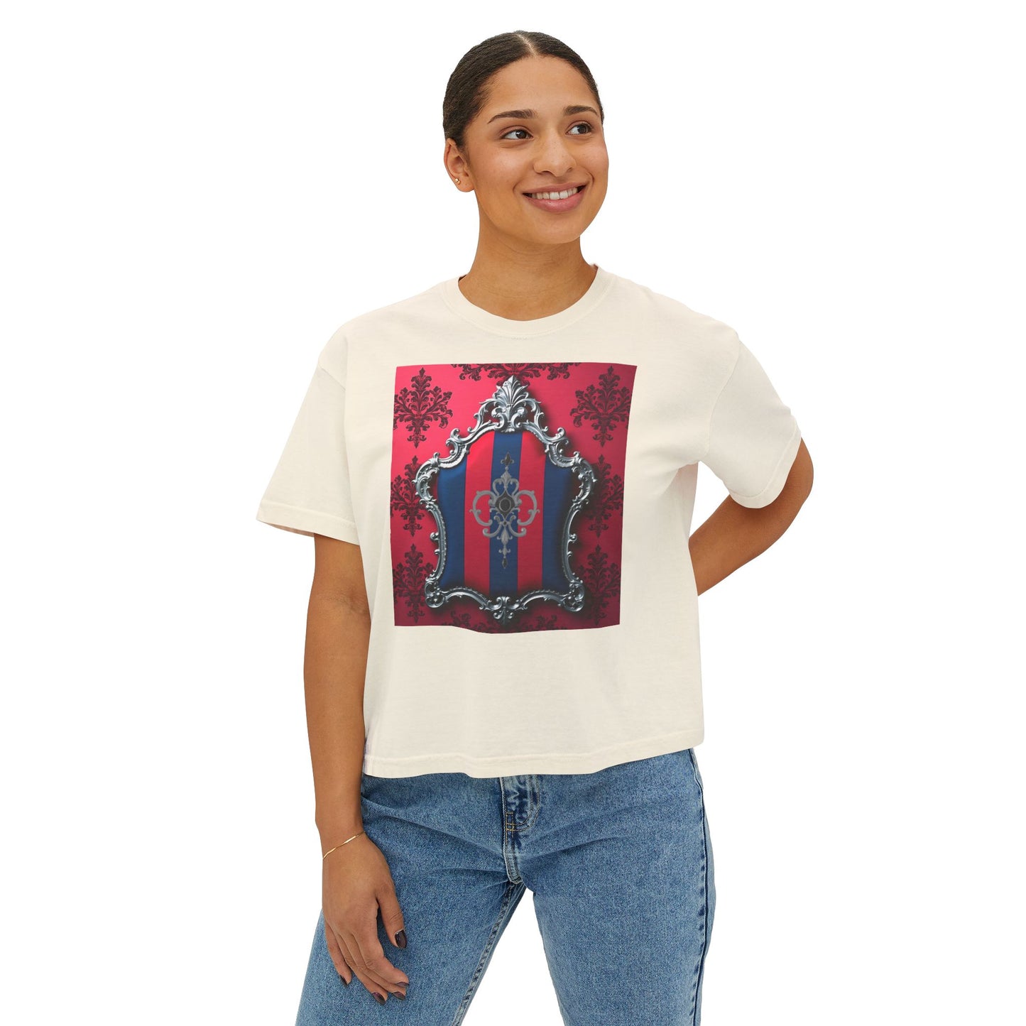 Vintage-Inspired Women's Boxy Tee, Retro Graphic Top, Casual Summer Shirt, Trendy Fashion Tee, Gift for Her - Blue & Red Striped Silver Crest