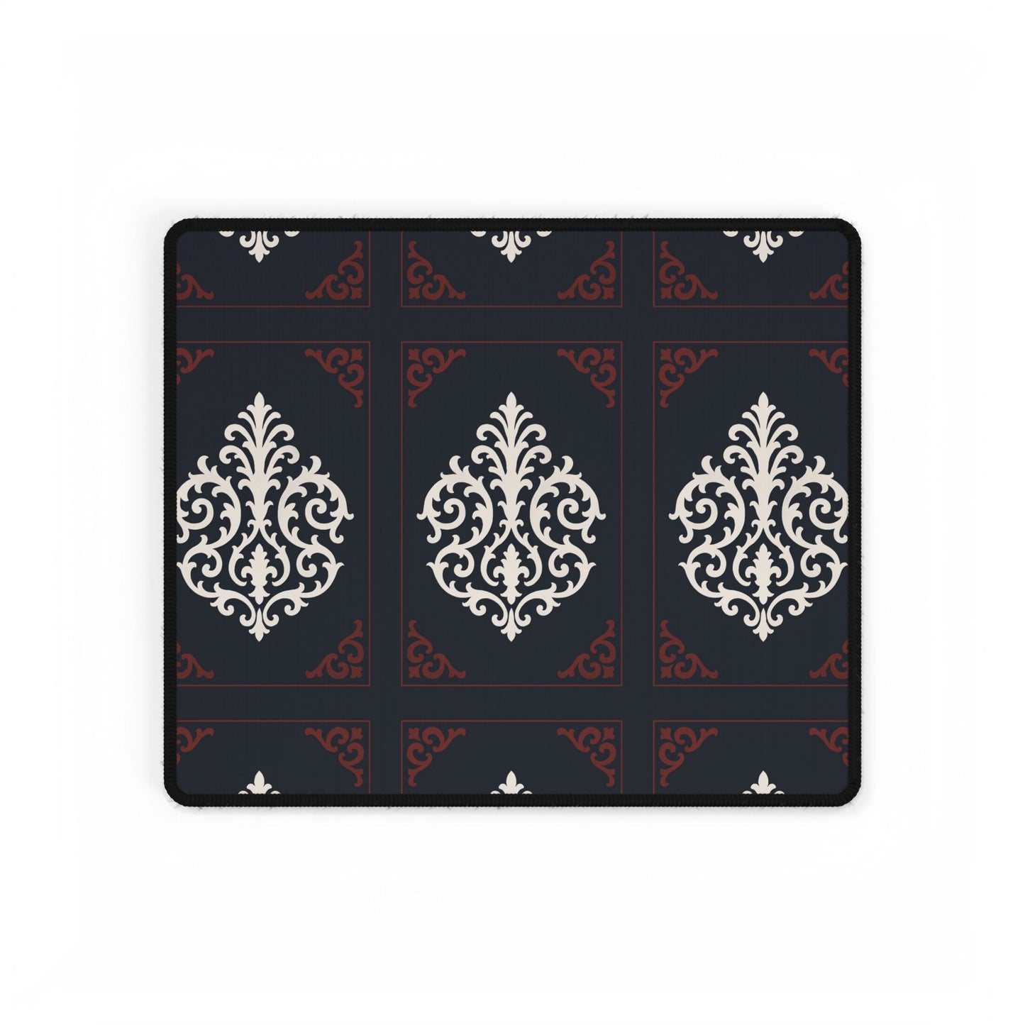 Dusk Blue-Maroon & White Baroque Desk Mat — Elegant Dusk Blue & White Mouse Pad