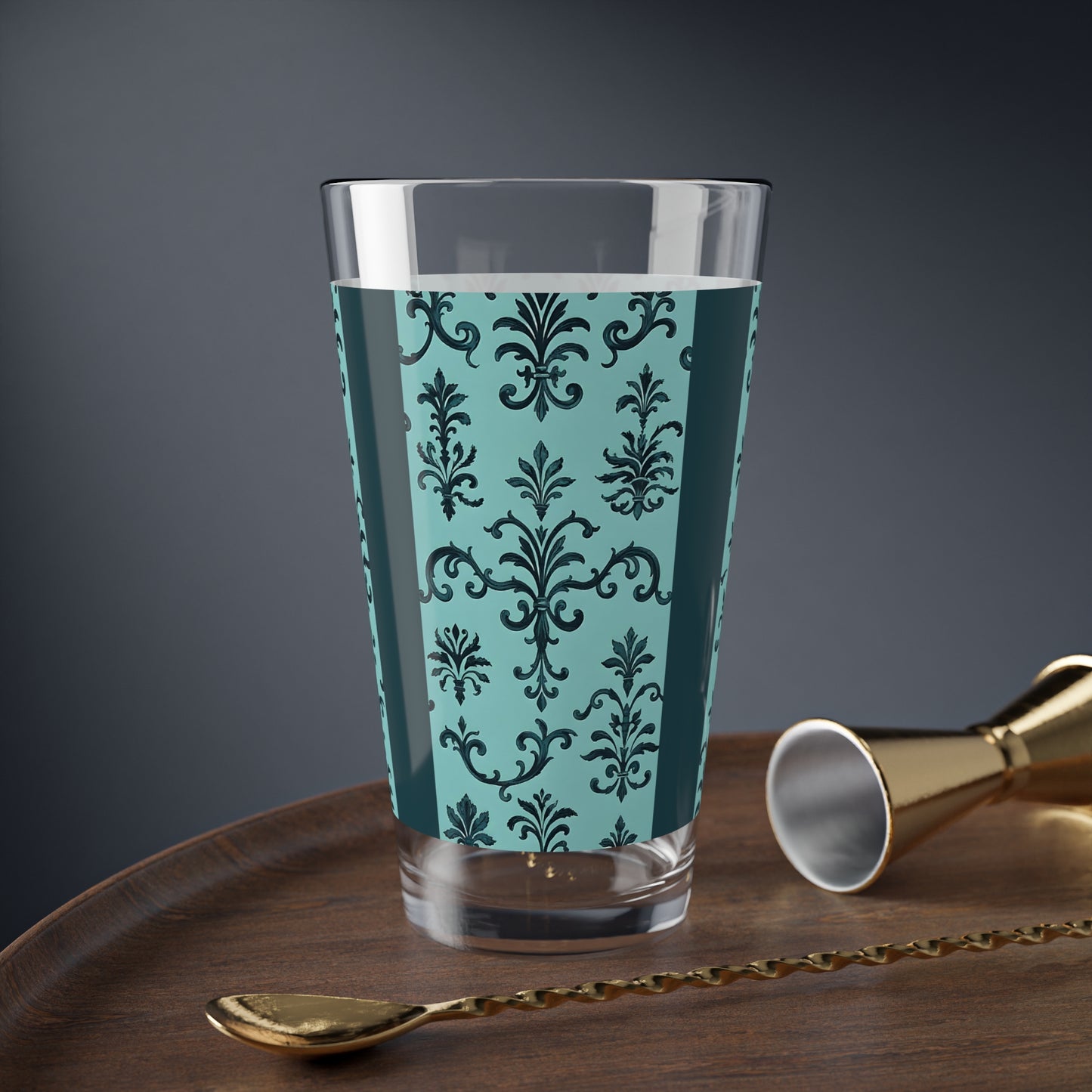 Elegant Mixing Glass - 16oz Vintage Design, Cocktail Glass, Party Glassware, Home Bar Accessory, Gift for Entertainer - Teal Striped Rococo