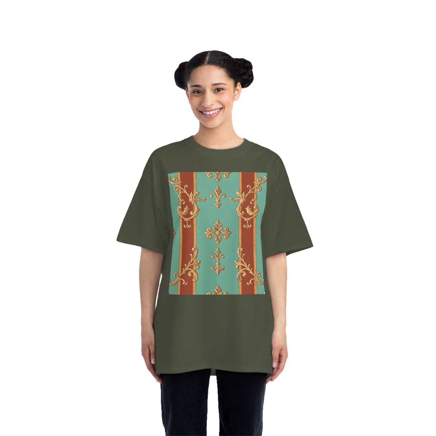 Elegant Vintage Patterned T-Shirt | Vintage Style Tee, Casual Wear, Retro Aesthetic - Rust & Mint Aqua Striped Baroque