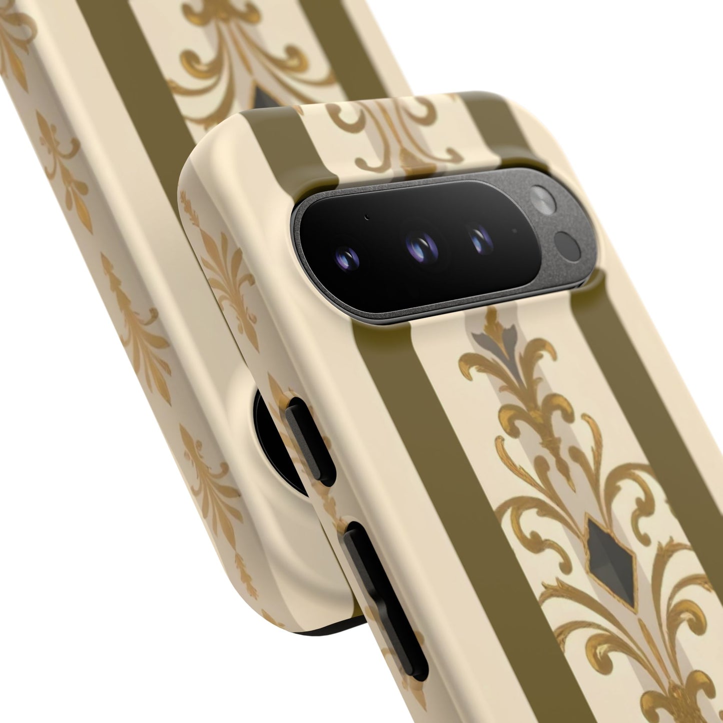Elegant Floral Motif Phone Case - Tough Cases with Vintage Design - Olive Striped Gold Damask