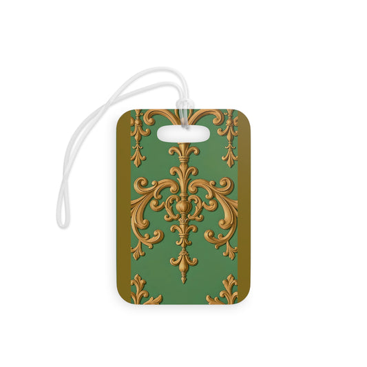 Elegant Ornate Luggage Tags for Travel Lovers, Personalized Travel Accessories, Gift for Jetsetters, Chic Baggage ID Tags - Olive Green Striped Rococo