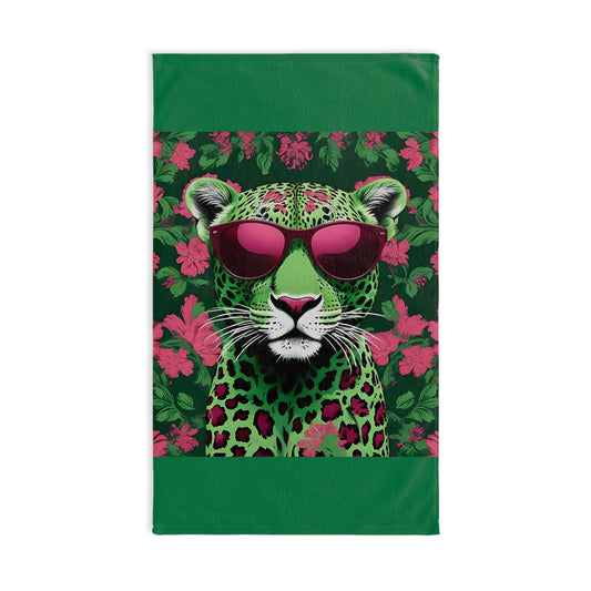 Hand Towel - Luxurious Ornate Elegant Lime Green & Burgundy Leopard In Sunglasses Design - Elegant Home Décor