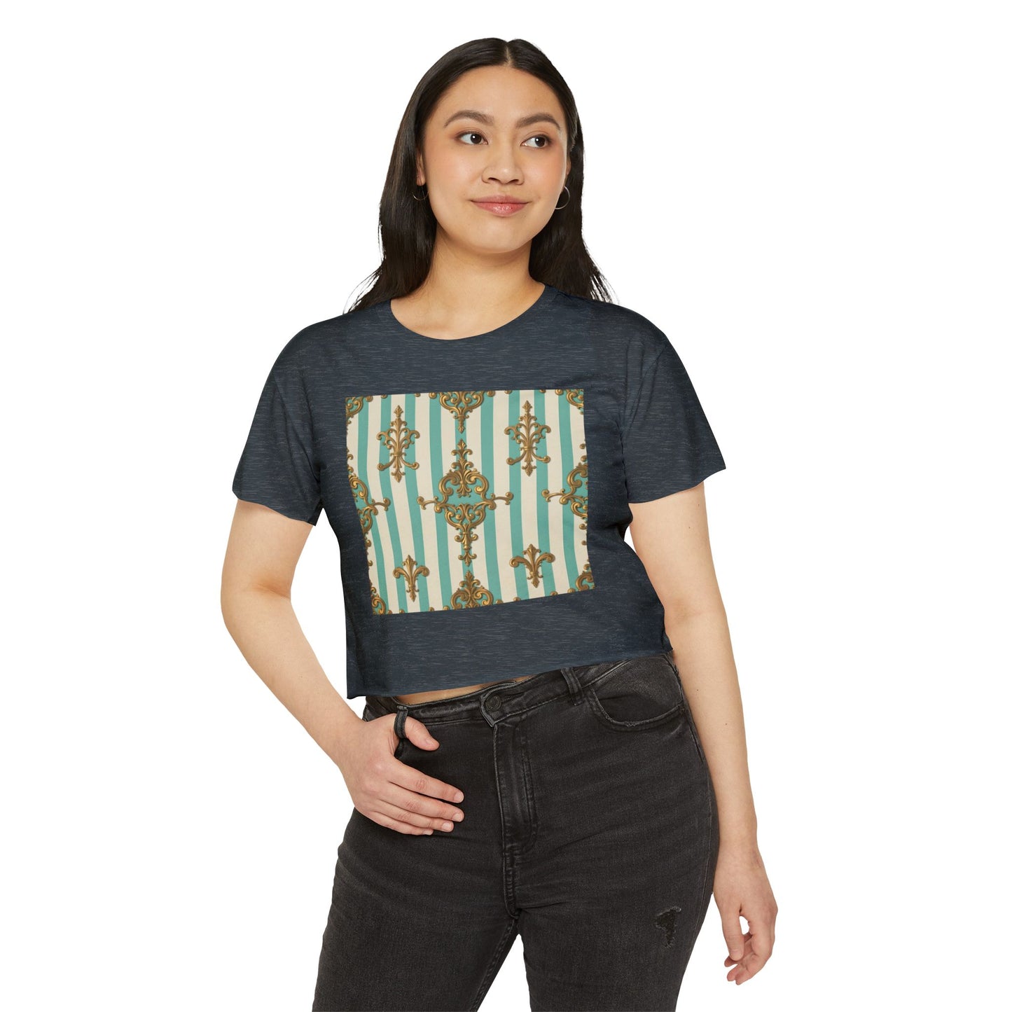 Boho Chic Women's Festival Crop Top - Trendy Summer Wear, Beach Party Fashion - Matte Green Striped Rococo