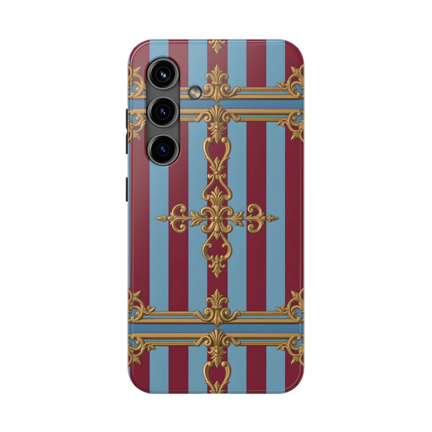 Elegant Patterned Tough Phone Cases, Stylish Phone Cover, Durable Phone Protection, Unique Gift Idea - Sky Blue & Maroon Striped Baroque