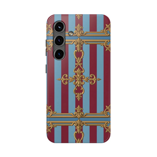 Elegant Patterned Tough Phone Cases, Stylish Phone Cover, Durable Phone Protection, Unique Gift Idea - Sky Blue & Maroon Striped Baroque