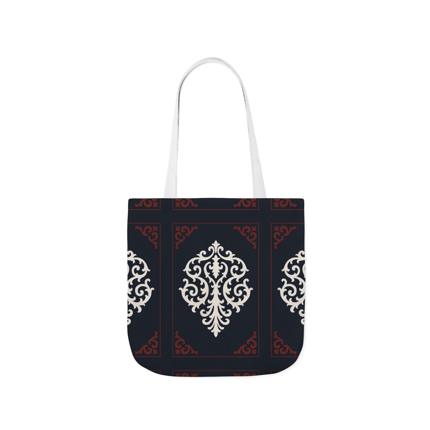 Dusk Blue-Maroon & White Baroque Pattern Canvas Tote Bag — Elegant Dusk Blue & White Reusable Market Bag