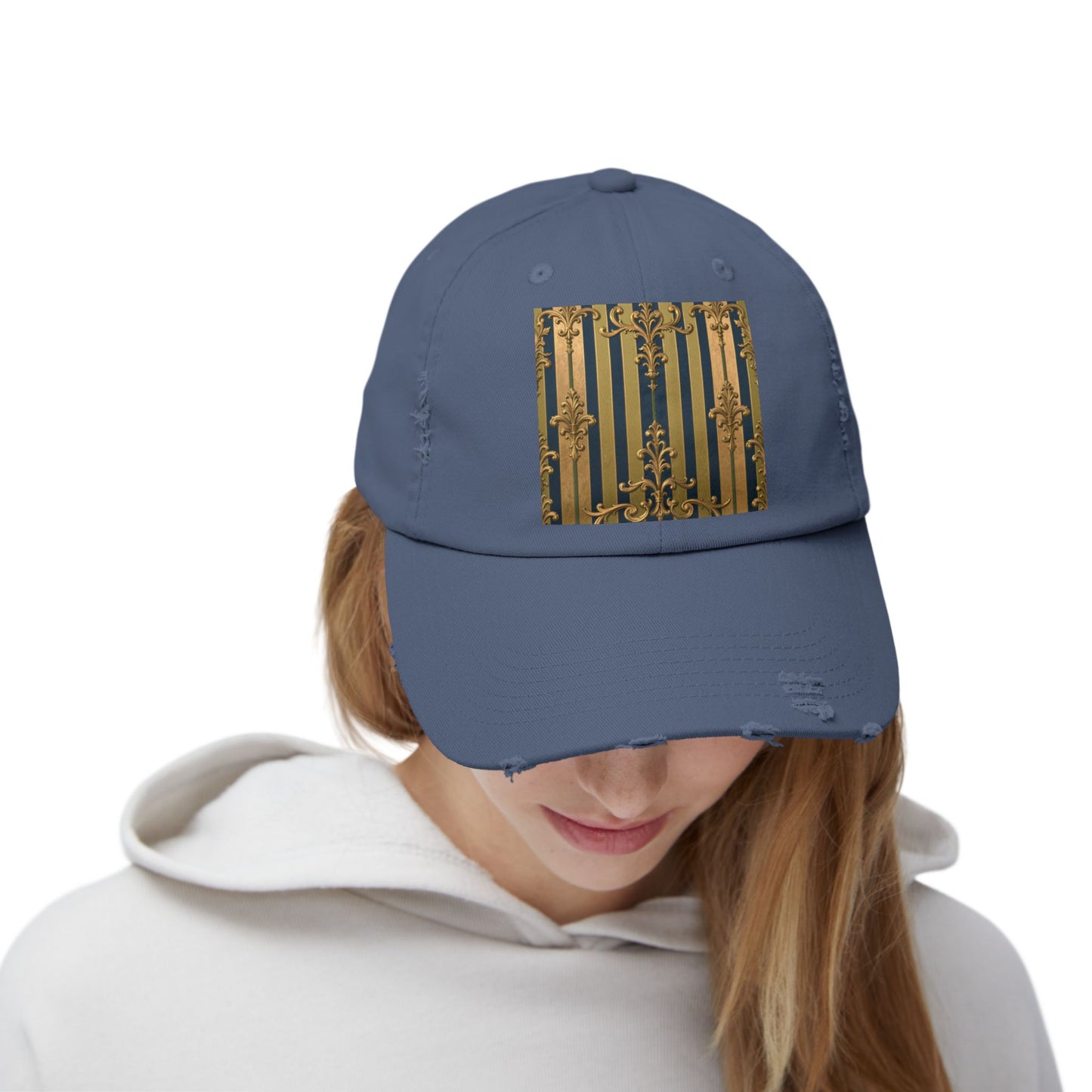 Stylish Midnight Blue & Olive Striped Gold Baroque Unisex Distressed Cap with Elegant Gold Accent, Fashionable Hat for Casual Days, Gift for Birthdays