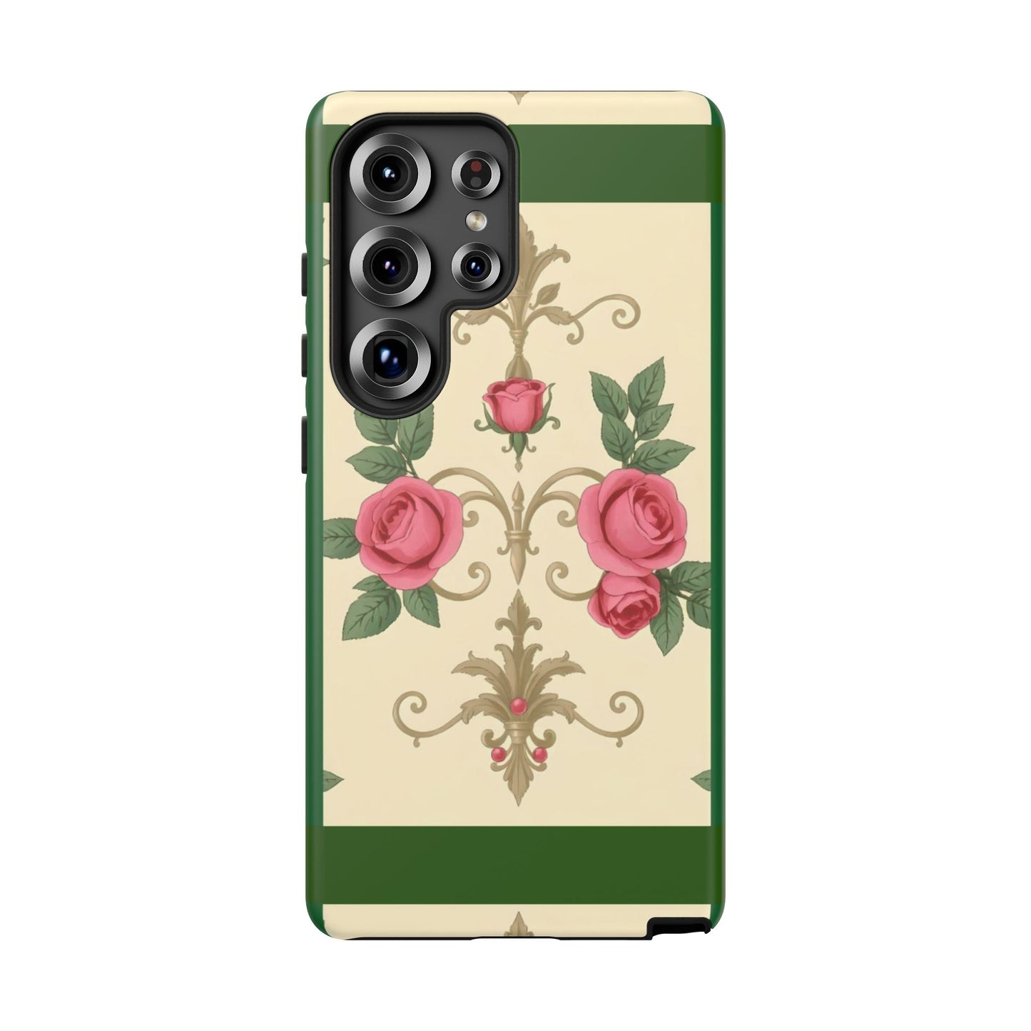 Elegant Floral Motif Phone Case - Tough Cases with Vintage Design - Green Border Roses & Damask