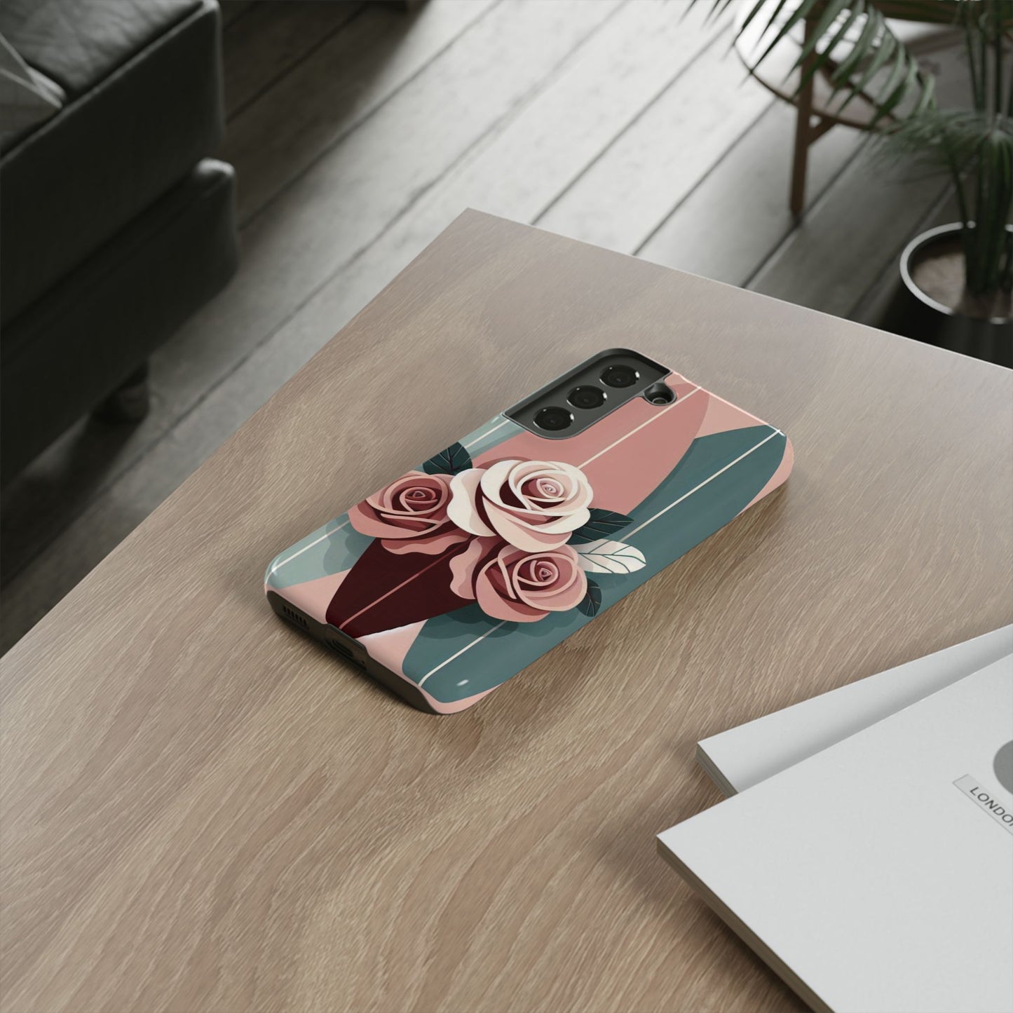 Phone Case - Burgundy, Matte Mauve & Teal Surfboard & Roses Design