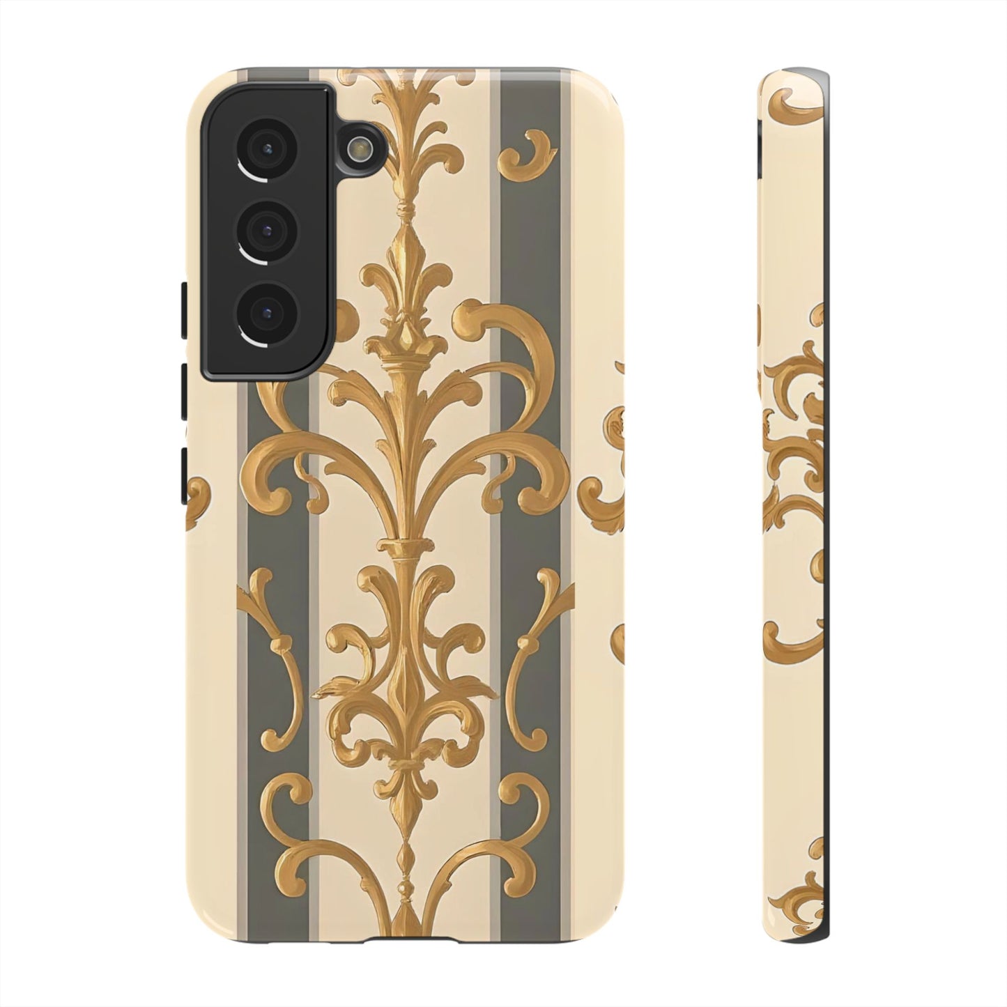 Elegant Floral Motif Phone Case - Tough Cases with Vintage Design - Dusk Olive Striped Gold Damask