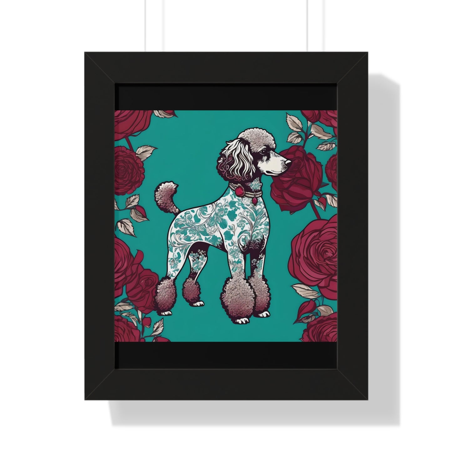 Vertical Poster - Stylish Framed - Art for Home Decor - Damask Aqua & White Poodle With Burgundy Roses