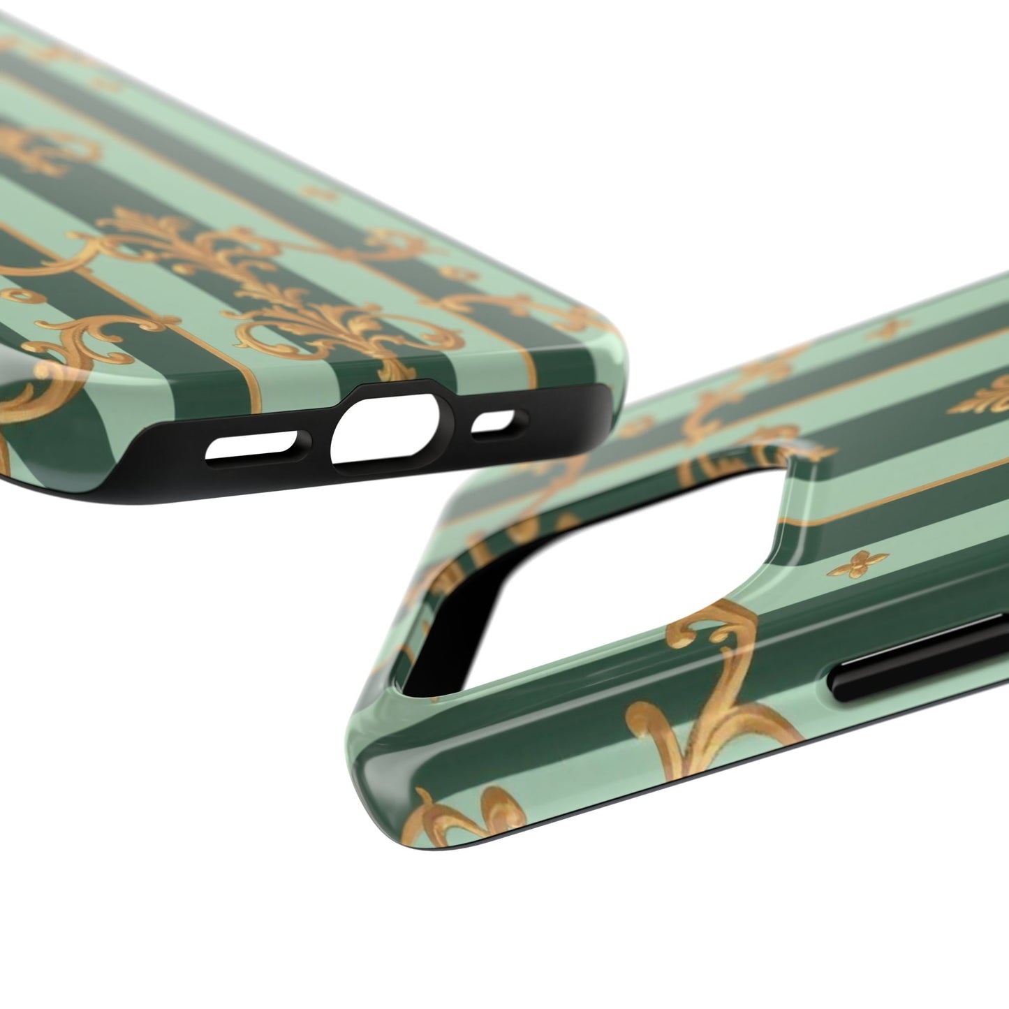 Elegant Floral Tough Phone Cases | Stylish Phone Protection, Gift for Her, Trendy Accessory, Unique Decor - Mint Green & Teal Striped Gold Baroque