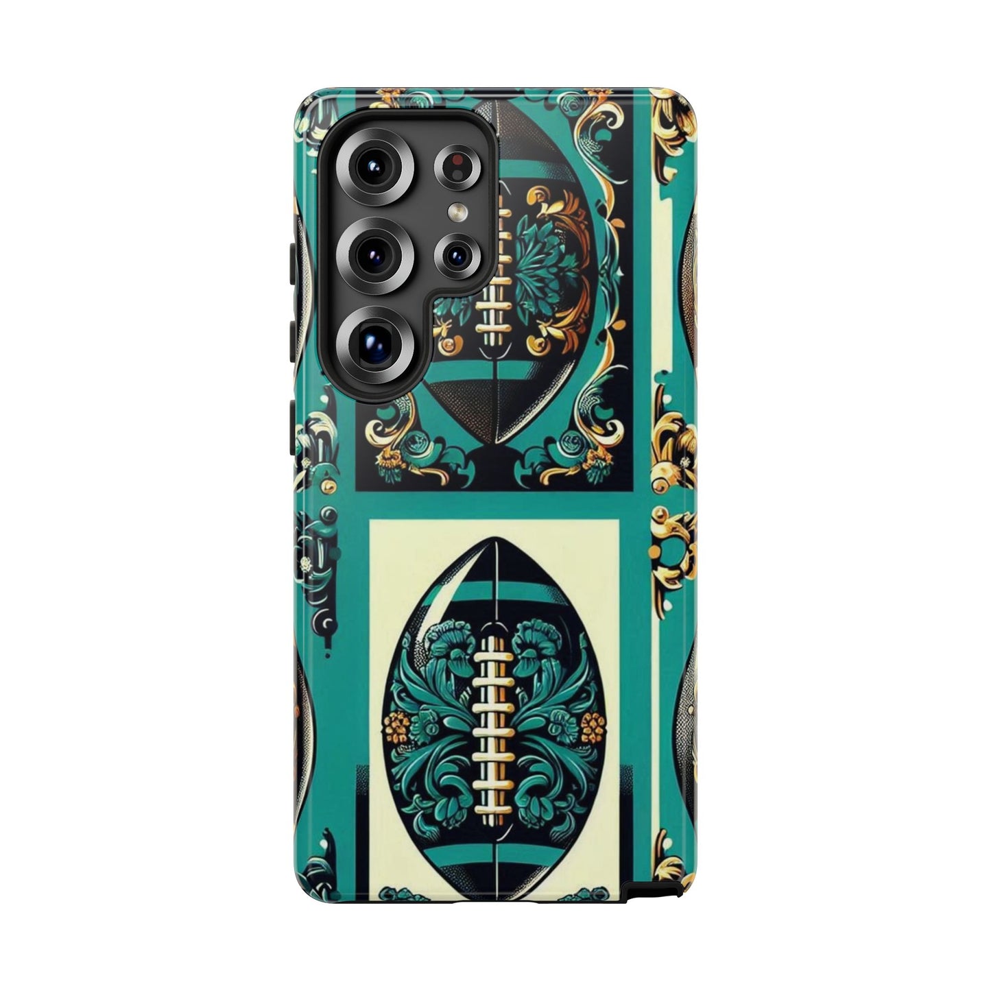 Elegant Floral Motif Phone Case - Tough Cases with Vintage Design -  Damask Teal, Gold & Black Footballs