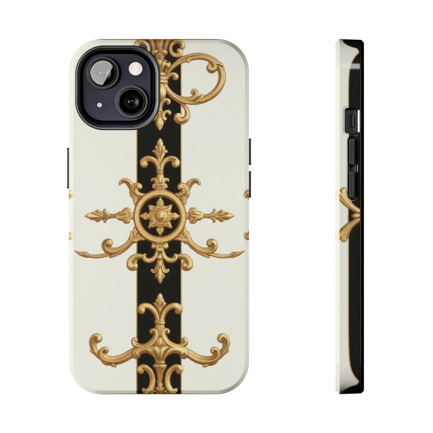 Elegant Baroque Tough Phone Case | Stylish Protection for Your Device, Gift for Her, Phone Accessories - Black & White Striped Gold Baroque