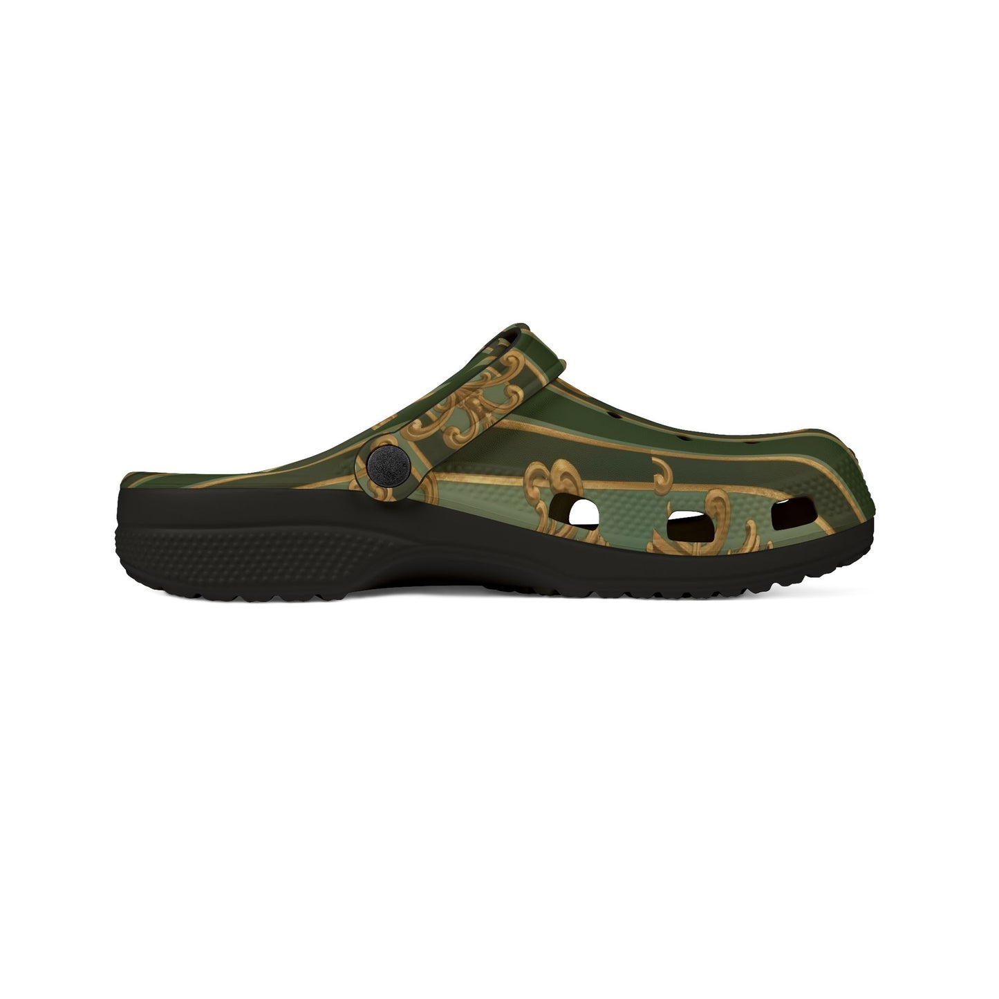 Stylish AOP EVA Foam Clogs, Trendy Foam Shoes for Comfort, Garden Sandals, Summer Outdoor Footwear - Green Striped Gold Baroque
