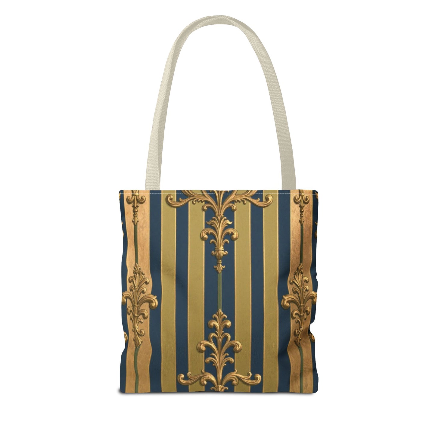 Elegant Midnight Blue & Olive Striped Gold Baroque Golden Striped Tote Bag, Stylish Shopping Bag, Trendy Handbag, Chic Gift for Her