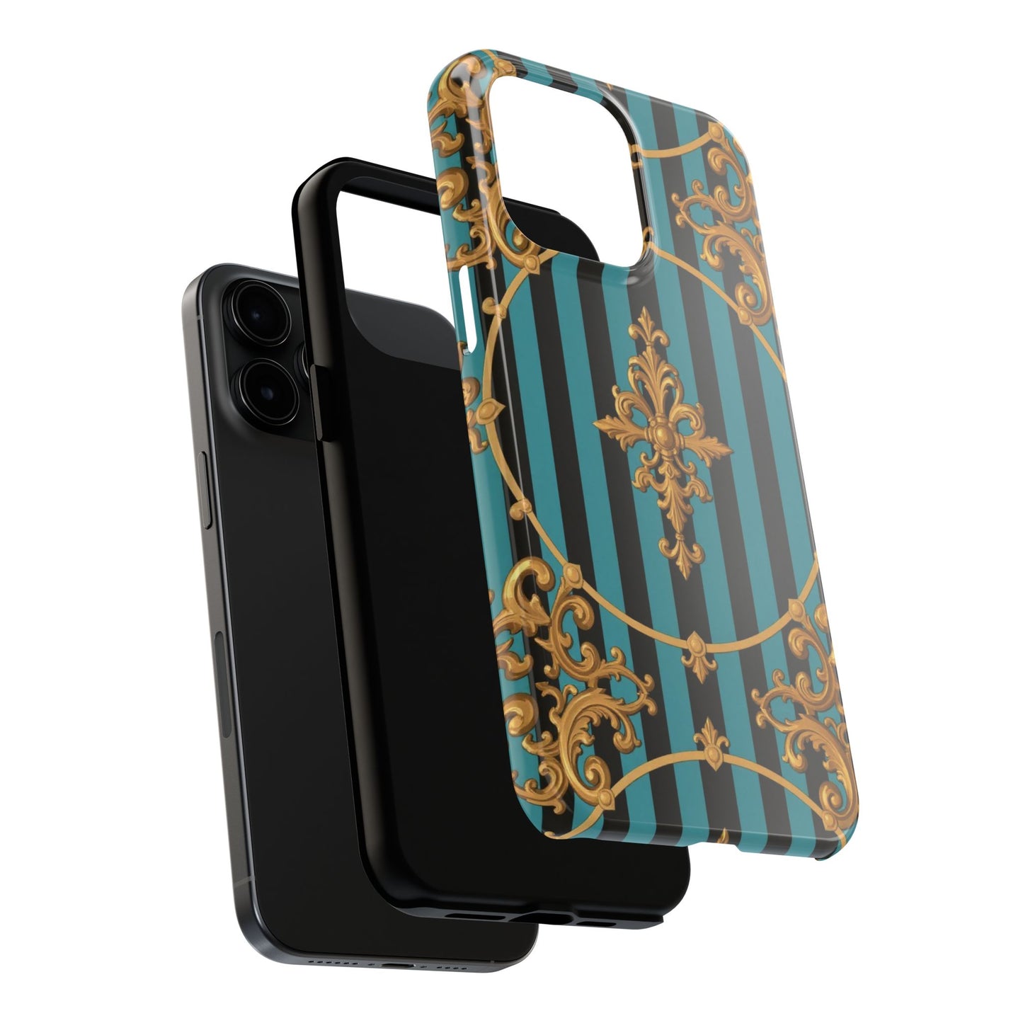 Elegant Turquoise & Black Striped Gold Baroque Phone Case, Tough Phone Cases for Fashion Lovers, Gift for Her, Luxury Accessories