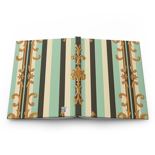Elegant Striped Hardcover Journal | Vintage-Inspired Notebook for Writing, Sketching, Gift for Writers - Black & Matte Mint Striped Rococo