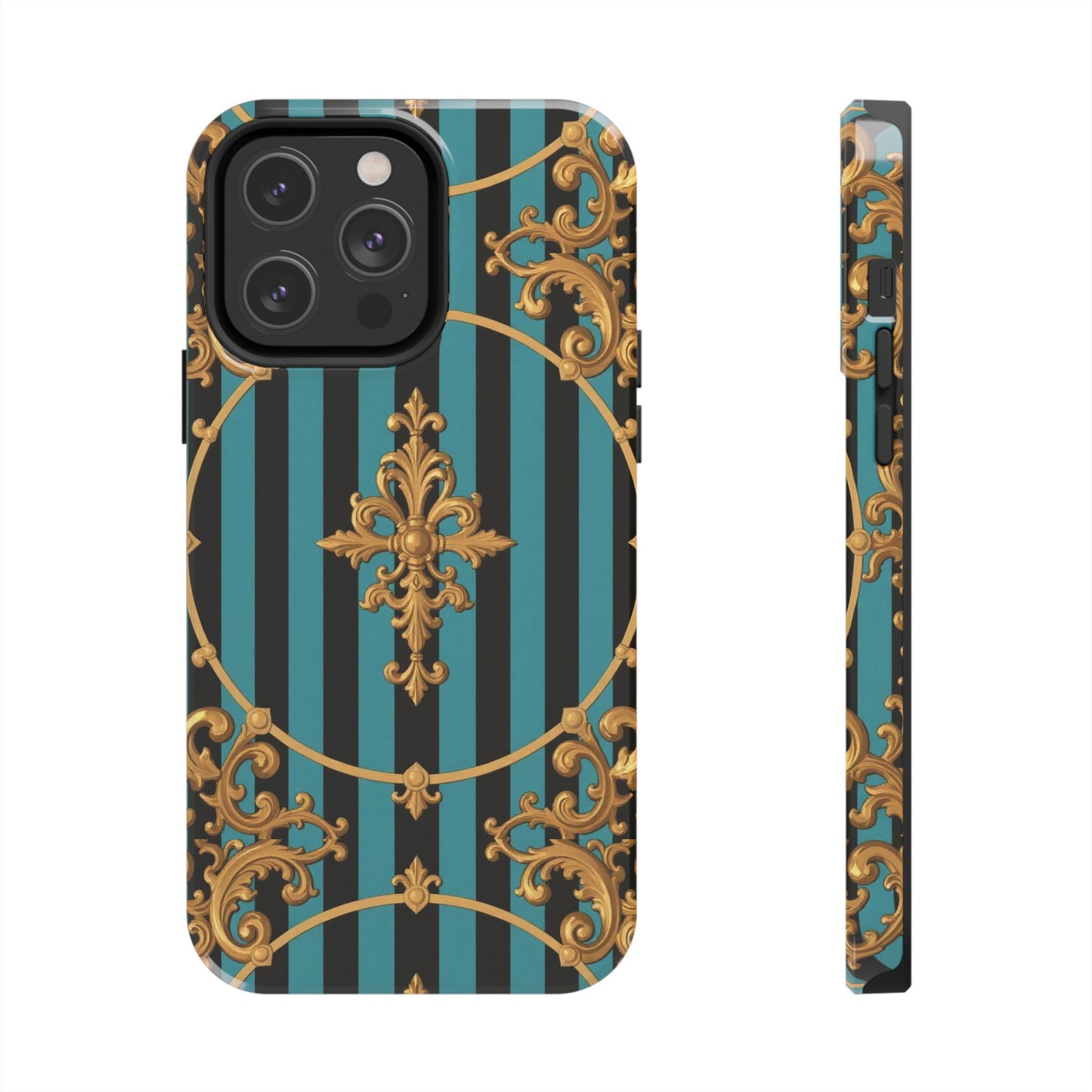 Elegant Turquoise & Black Striped Gold Baroque Phone Case, Tough Phone Cases for Fashion Lovers, Gift for Her, Luxury Accessories