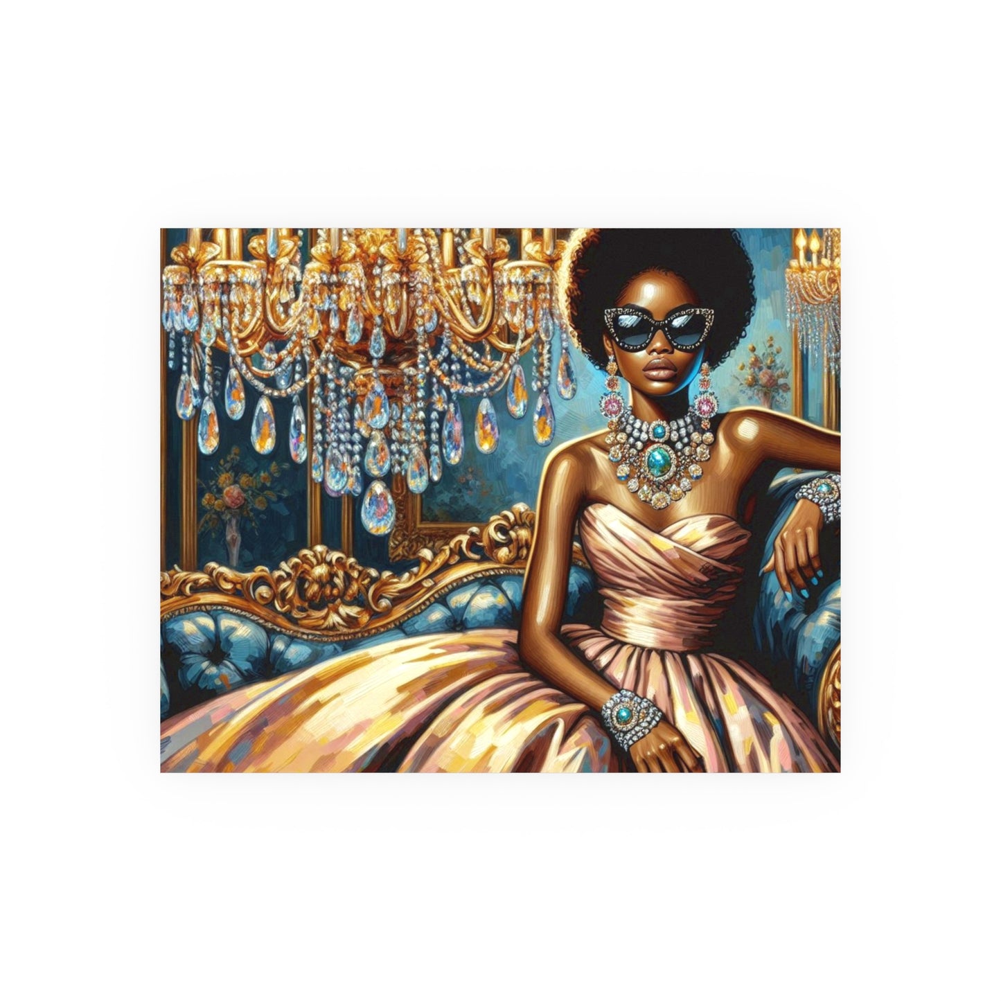 Elegant Glamour Satin Poster, Wall Art Decor, Modern Home Gallery, Gift for Art Lovers, Chic Interior Decoration - Elegant Lady & Chandelier