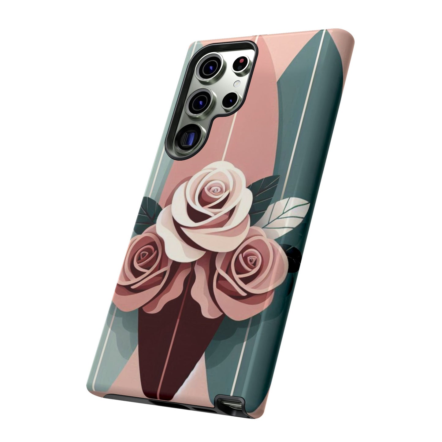Phone Case - Burgundy, Matte Mauve & Teal Surfboard & Roses Design