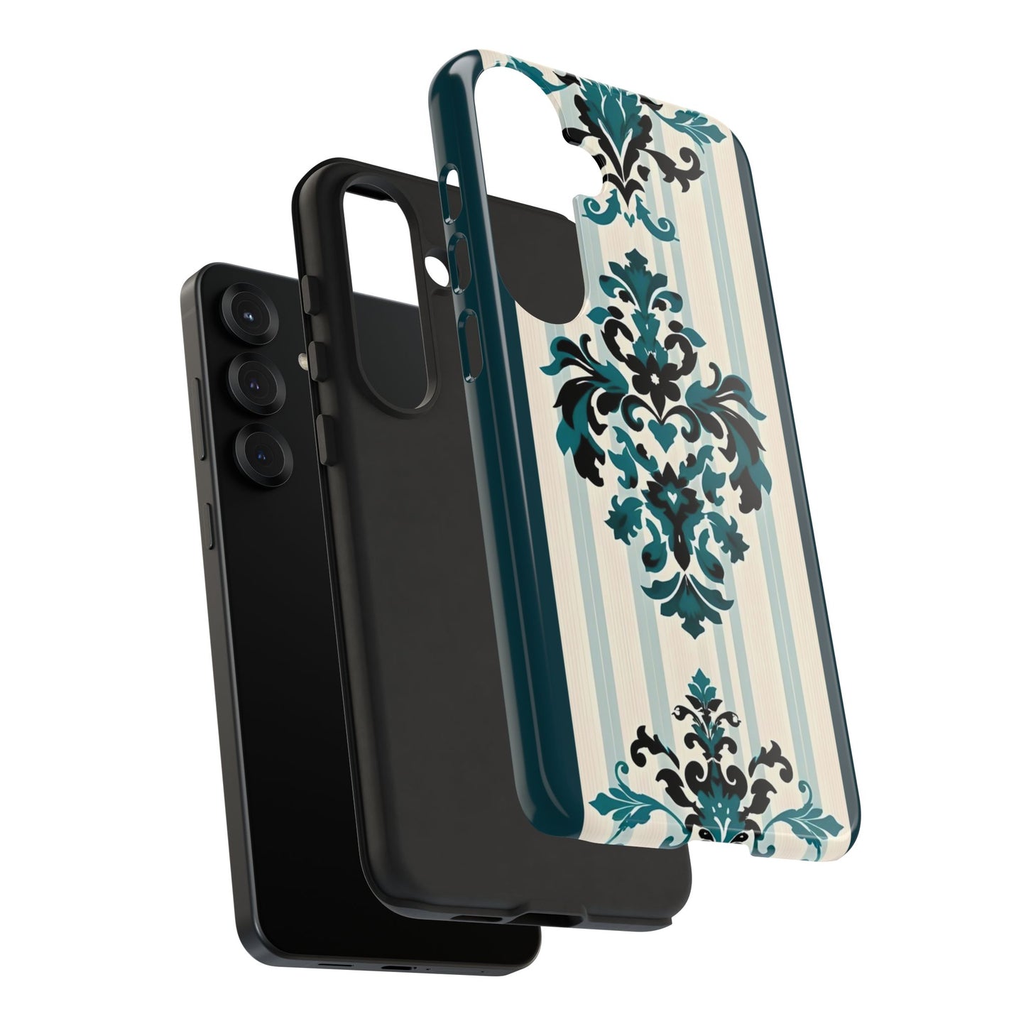 Elegant Floral Phone Case - Tough Cases with Vintage Design - Teal Striped Damask