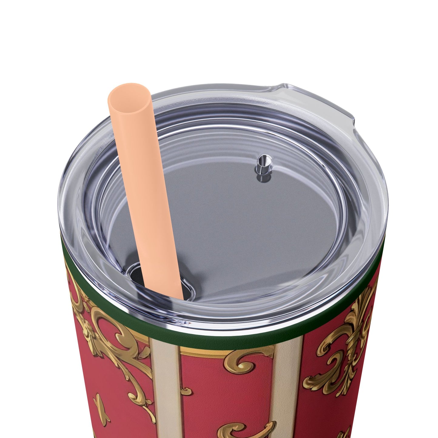Elegant Green Border Pink Striped Baroque Skinny Tumbler with Straw, Reusable Travel Mug, Gift for Her, Fashionable Drinkware