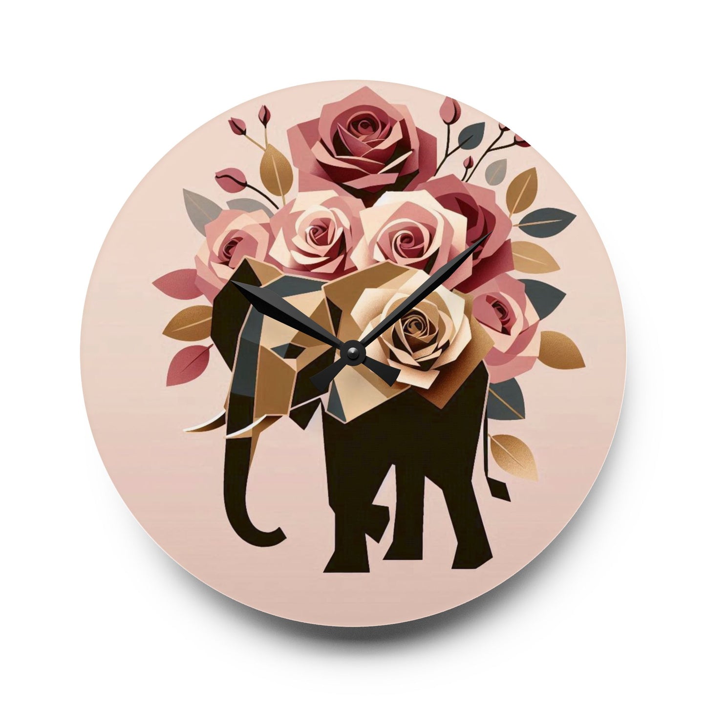 Bohemian Elephant-Inspired Acrylic Wall Clock with Floral Design -  Black & Gold Elephant & Roses Design