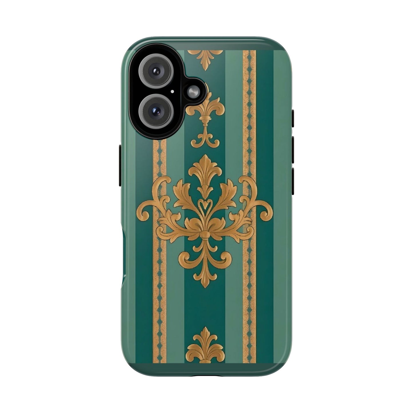 Elegant Floral Motif Phone Case - Tough Cases with Vintage Design - Teal Striped Gold Damask