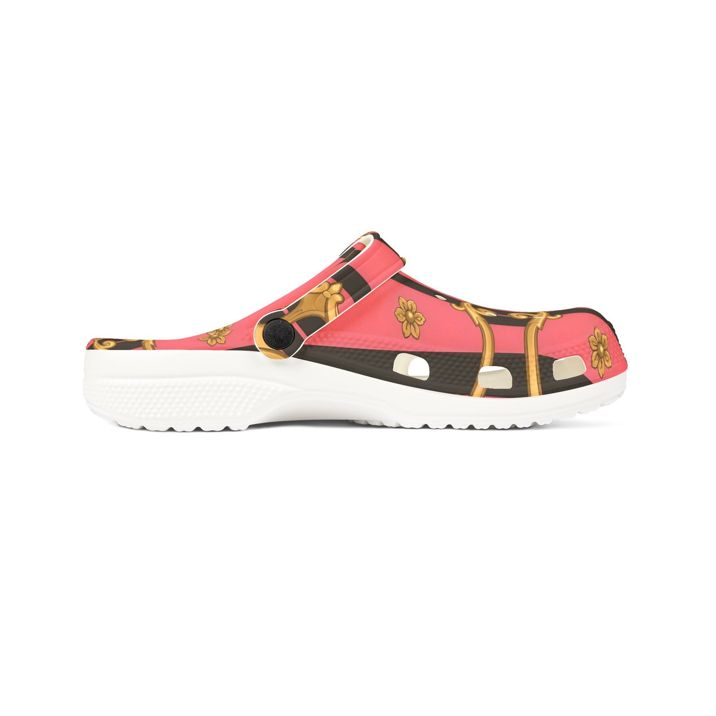 Elegant Designer EVA Foam Shoes - Trendy Comfort for Summer Outings, Fashionable Footwear for Garden - Pink & Black Striped Gold Baroque