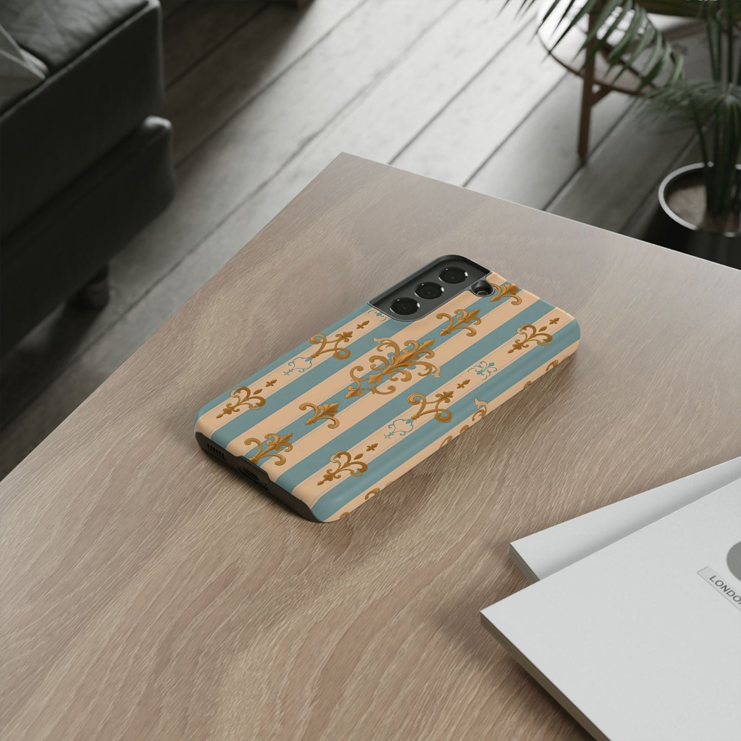 Elegant Floral Motif Phone Case - Tough Cases with Vintage Design -  Beige & Sky Blue Striped Gold Damask