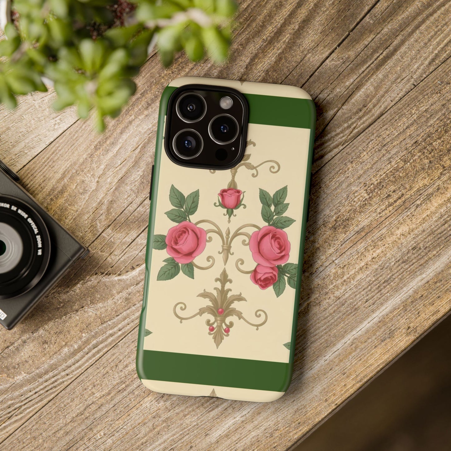 Elegant Floral Motif Phone Case - Tough Cases with Vintage Design - Green Border Roses & Damask