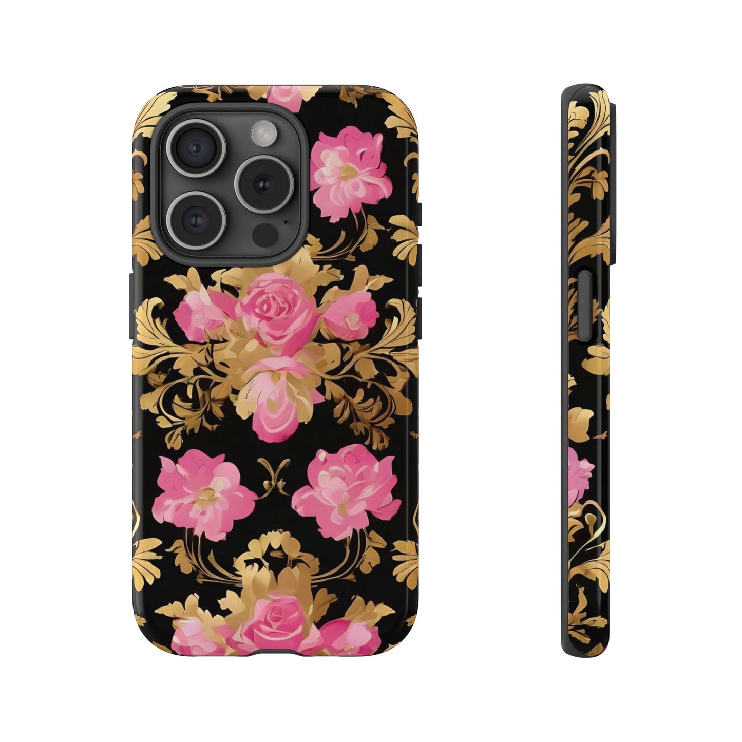 Elegant Floral Motif Phone Case - Tough Cases with Vintage Design - Pink & Gold Roses