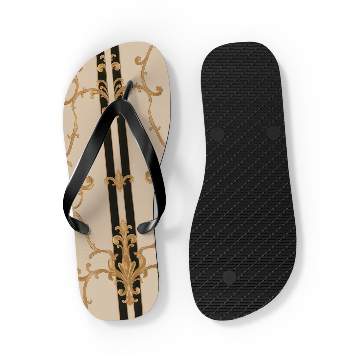 Chic Floral Flip Flops | Stylish Summer Sandals for Beach, Pool, Vacation, Travel, Fun In The Sun - Black & Beige Striped Damask