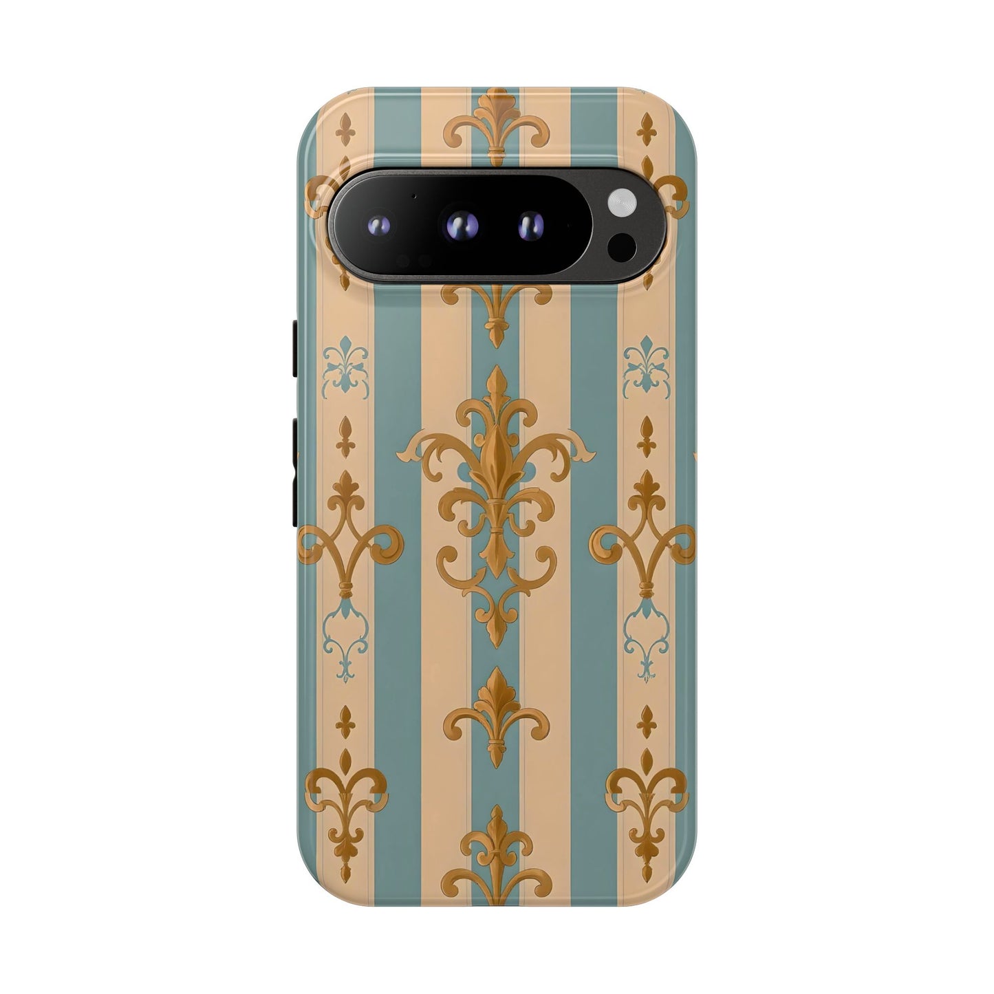 Elegant Floral Motif Phone Case - Tough Cases with Vintage Design -  Beige & Sky Blue Striped Gold Damask