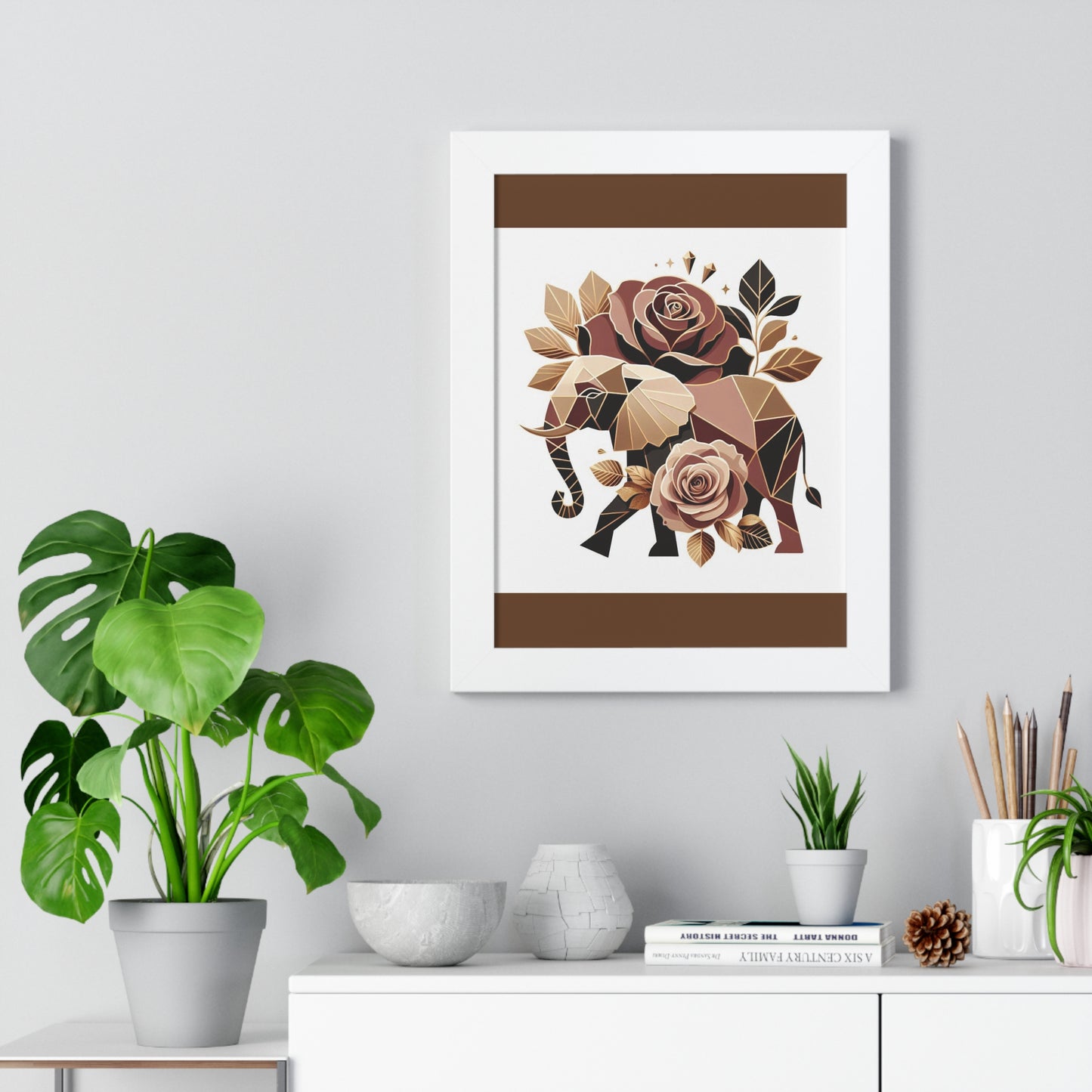 Vertical Poster - Brown & Gold Elephant & Roses Wall Art