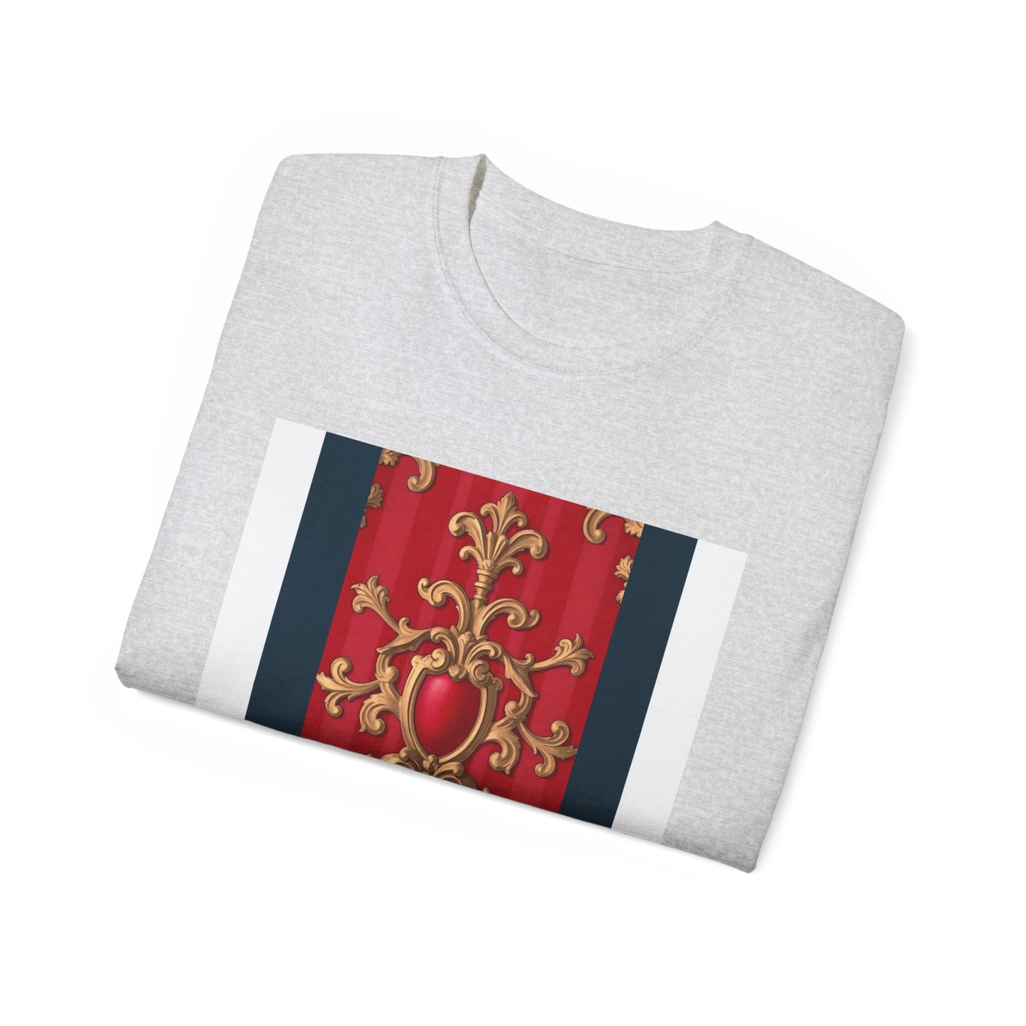 Regal Red Baroque T-Shirt, Artistic Tee, Gift for Art Lovers, Fashionable Statement Shirt, Unique Graphic Top - Blue, Red & White Striped Baroque