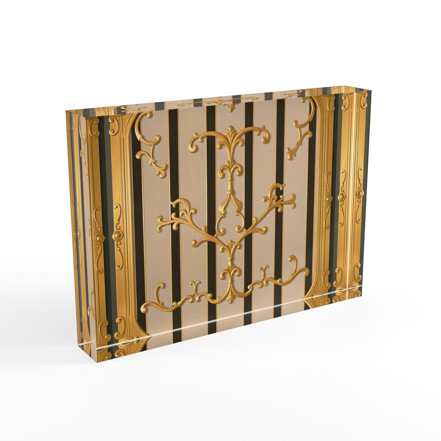 Elegant Photo Block Display for Memories, Decorative Photo Holder, Wedding Gift, Home Decor - Beige Striped Gold Rococo