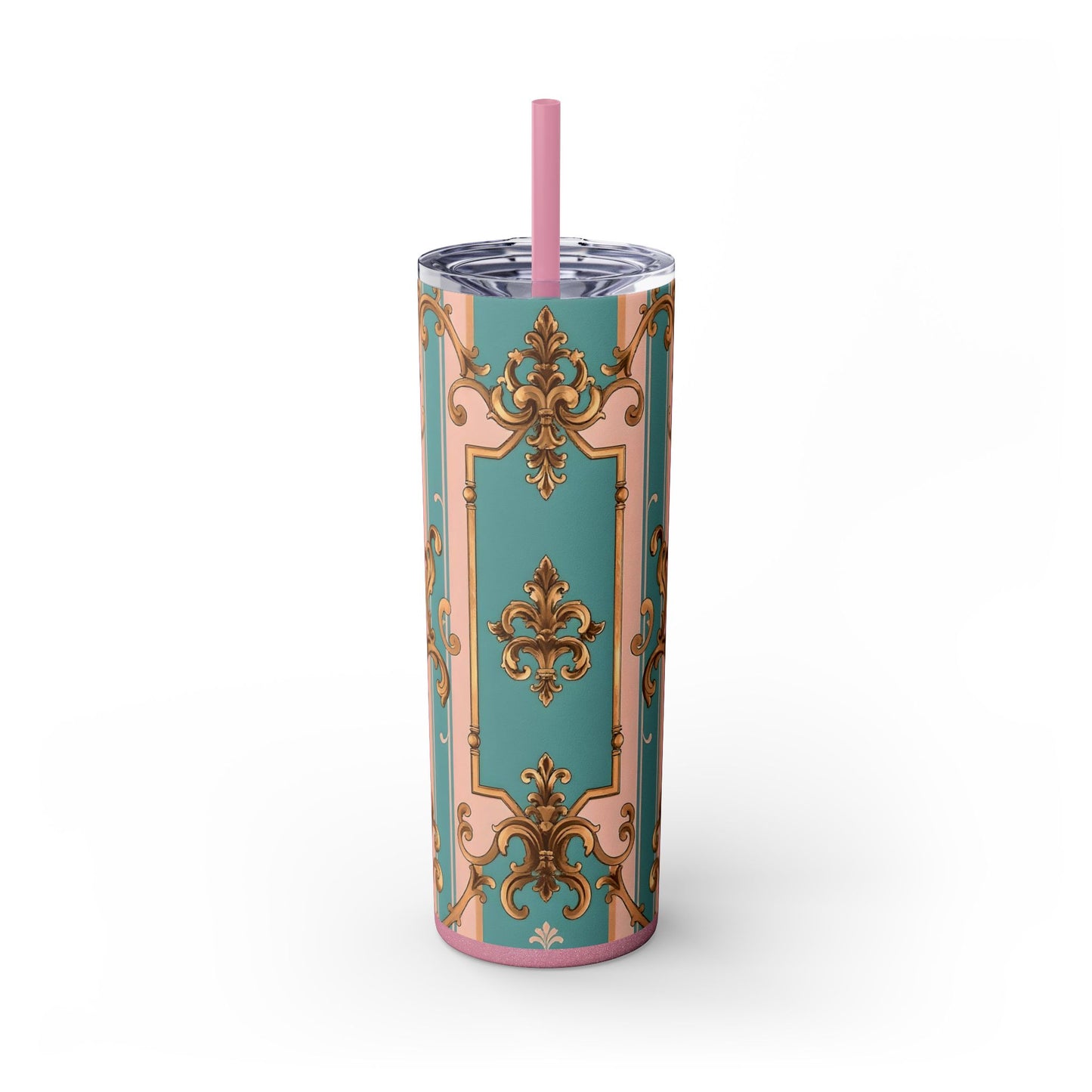 Elegant Floral Skinny Tumbler, 20oz Travel Mug, Stylish Drinkware, Perfect Gift for Her, Vintage Inspired - Pink & Matte Turquoise Striped Rococo
