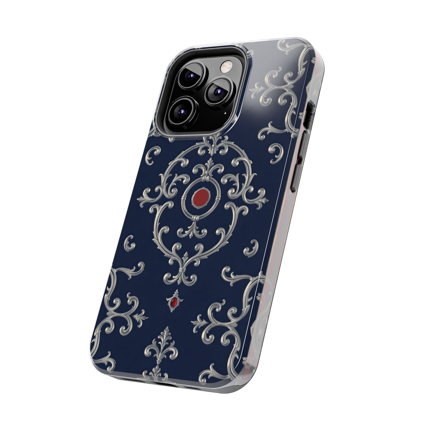 Elegant Patterned Tough Phone Cases for Stylish Protection, Gift for Her, Unique Accessories - Blue & Red Striped Silver Baroque