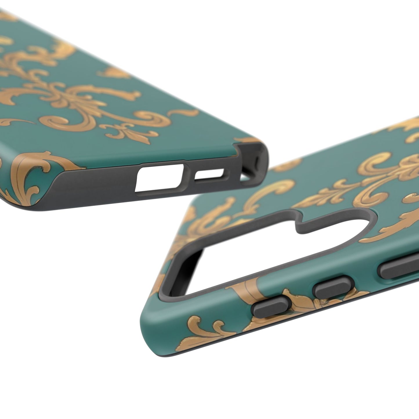 Elegant Floral Motif Phone Case - Tough Cases with Vintage Design - Aqua & Gold Damask