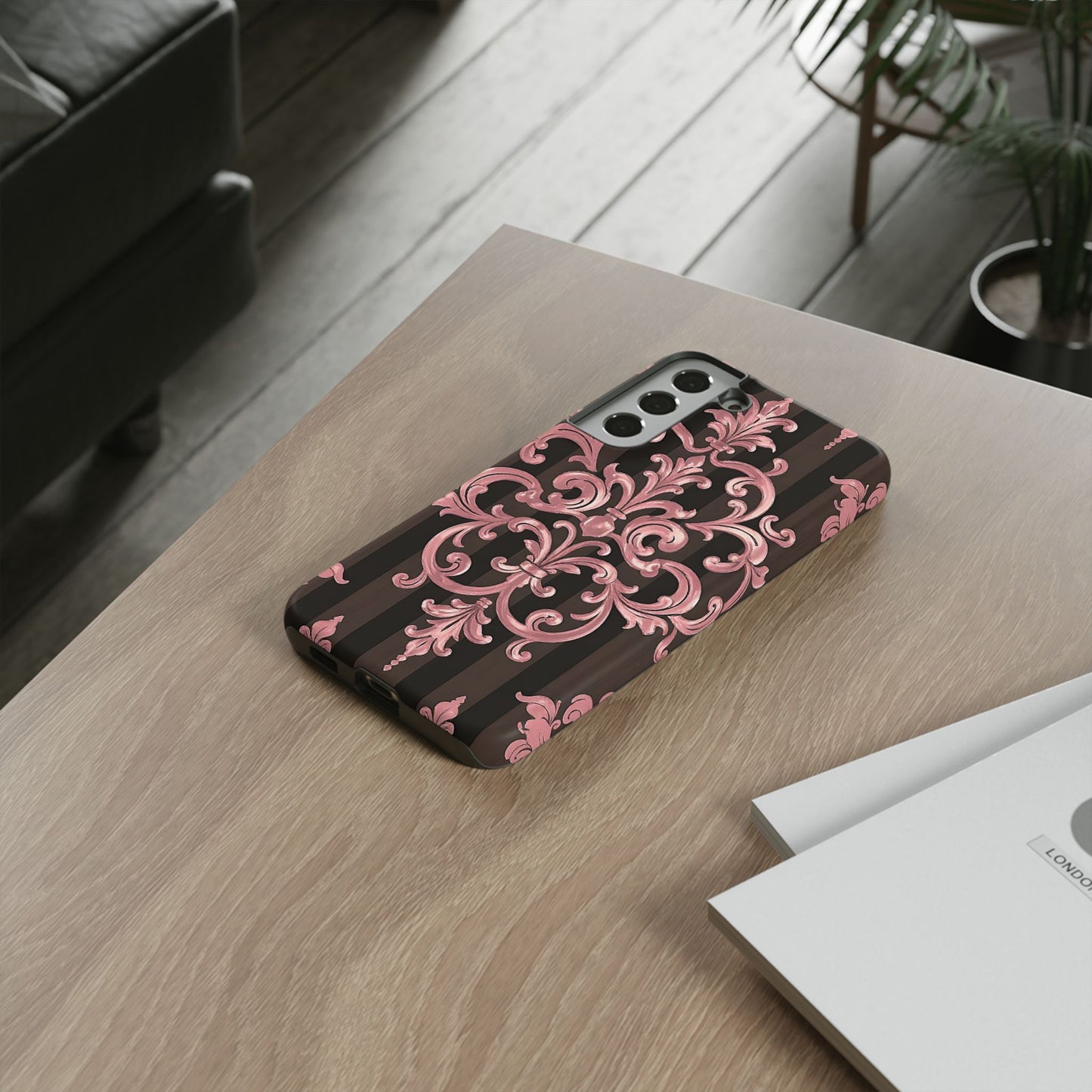 Elegant Floral Motif Phone Case - Tough Cases with Vintage Design - Brown Striped Mauve Damask