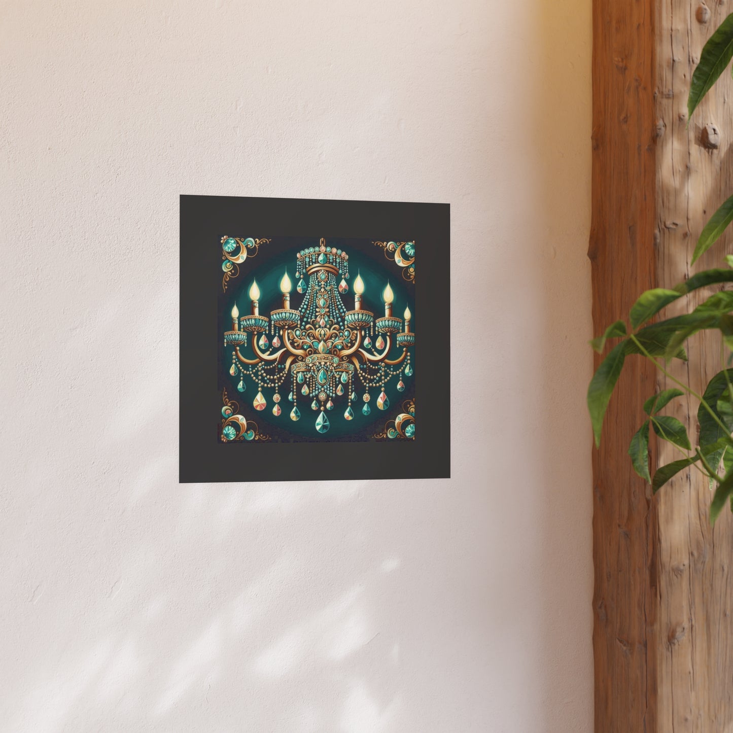 Elegant Chandelier Poster - Luxurious Wall Art for Home Décor - Teal Jeweled Chandelier