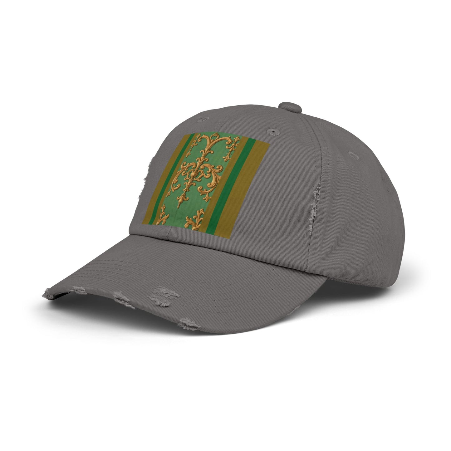 Stylish Unisex Distressed Cap with Unique Floral Design, Trending Accessory for Men and Women - Olive Green Striped Rococo