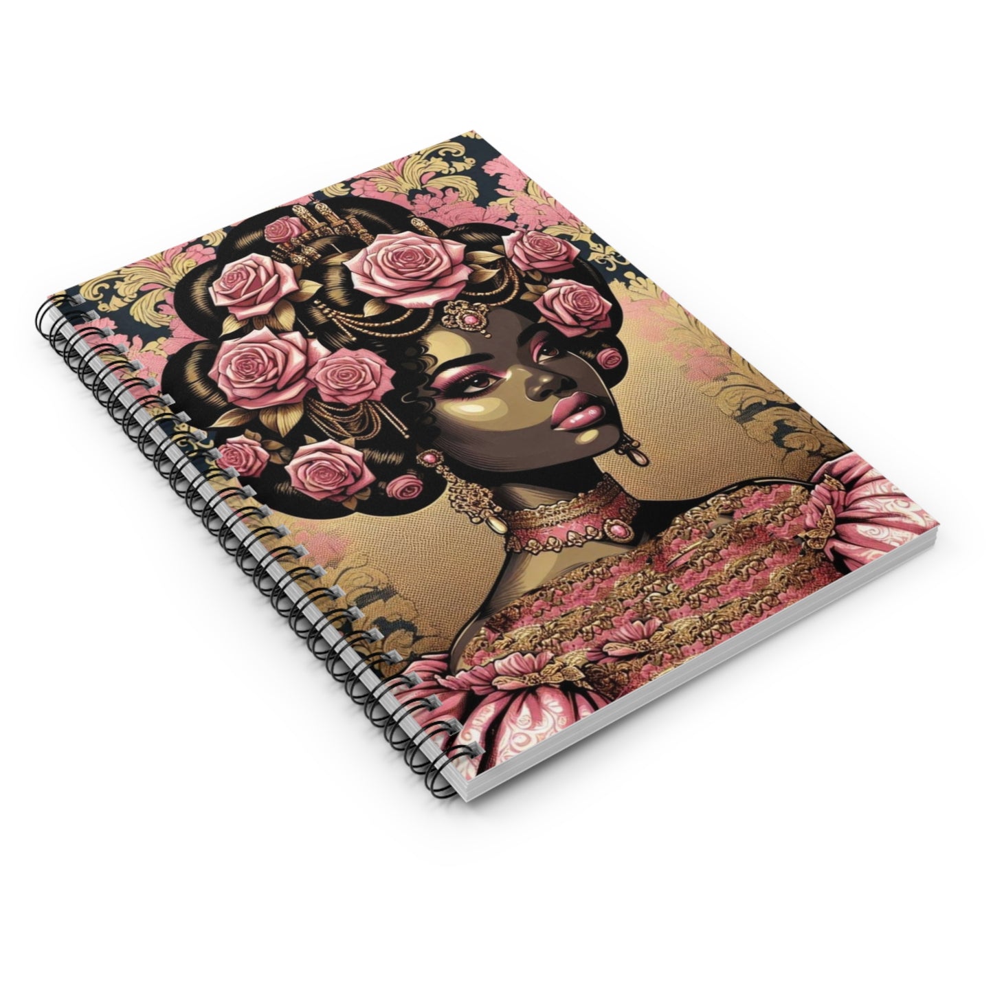 Elegant Vintage Spiral Notebook - Ruled Line with Lady In Pink Damask Design